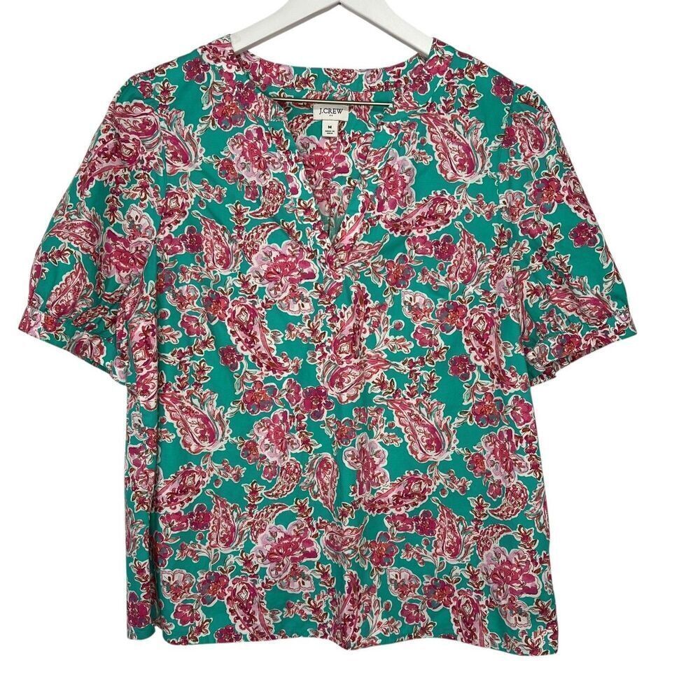 J. Crew Paisley Floral Popover Blouse size Medium Green Pink Puff Sleeve Top